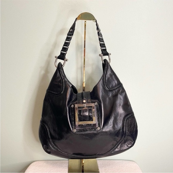 Tory Burch | Black " Horseshoe Hobo " Bag w/ Buckle Trim Handbag Bag Retail $565 - Picture 2 of 9